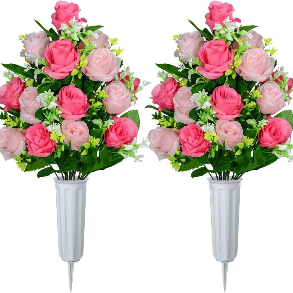 2 Cemetery Flower Vases with Pink‎ and White Silk Roses Beautiful